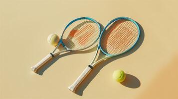 Two tennis rackets and balls are laying on a yellow surface, casting long shadows in the bright sunlight photo