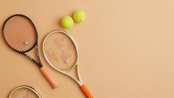 Two tennis rackets are lying on a peach surface with tennis balls, creating a vibrant and sporty composition photo