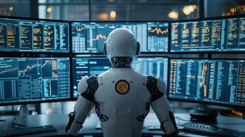 Ai robot trader analyzing data and charts on multiple monitors in a dimly lit office at night photo
