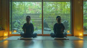 Two women meditating in lotus position on cushions in a japanese home, with a large window offering a tranquil view of a zen garden photo