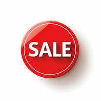 Red round glossy sale badge is floating over a white background, casting a subtle shadow photo