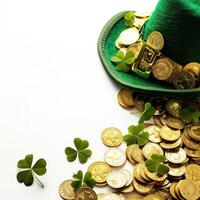 Leprechaun hat filled with gold coins and shamrocks, symbolizing good luck and wealth on a white background with space for text photo