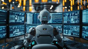 Robot is using a sophisticated computer system to analyze market data and make trading decisions photo