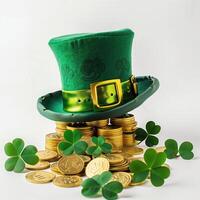 Leprechaun hat with clover leaf pattern on gold coins surrounded by shamrocks against a white backdrop photo