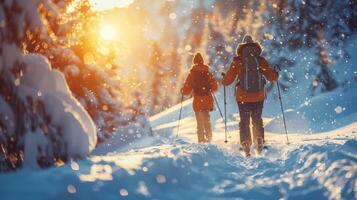 Two hikers are enjoying a beautiful winter sunset as they make their way along a snow covered trail photo