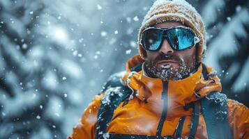Mountaineer is braving the elements during a snowstorm high up in the mountains photo