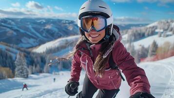 Female skier taking a selfie while skiing downhill on a sunny winter day is all smiles photo