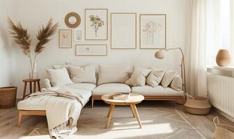 Sun shining through the window illuminating a modern, minimalist living room with a beige sofa and a gallery wall photo