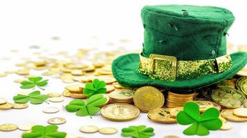 Leprechaun hat on a pile of bitcoin with scattered shamrocks photo