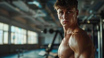 Bodybuilder takes a break from intense workout, flexing muscles in gym. Confidence and focus show dedication to fitness goals. Sweat and effort highlight hard work for chiseled physique photo