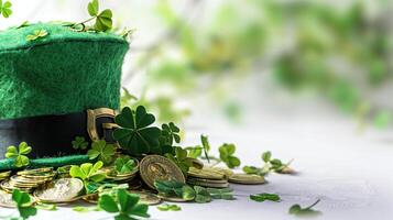 Leprechaun hat is overflowing with gold coins and shamrocks on a table, celebrating the luck of the irish photo