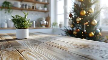 Warm and inviting holiday atmosphere with festive decorations on a rustic wooden surface, creating a cozy christmas table photo