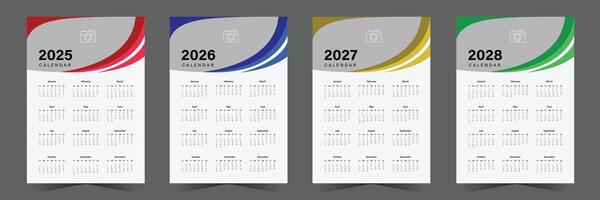 Wall calendar design for 2025, 2026, 2027, 2028. One page wall calendar with abstract background vector