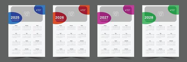 Set of one page wall calendar design for 2025, 2026, 2027, 2028 with minimalist style vector