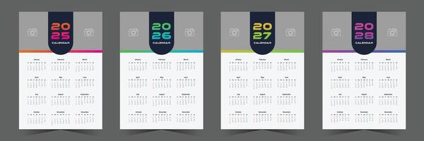 Set of one page wall calendar design for 2025, 2026, 2027, 2028 with gradient shape vector