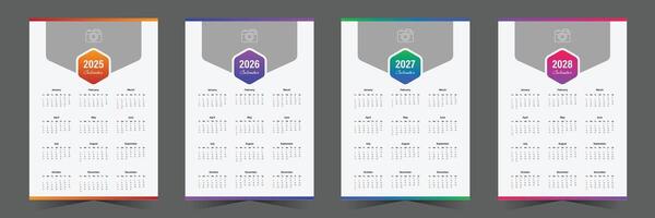 Modern Wall calendar design for 2025, 2026, 2027, 2028 with gradient shape vector