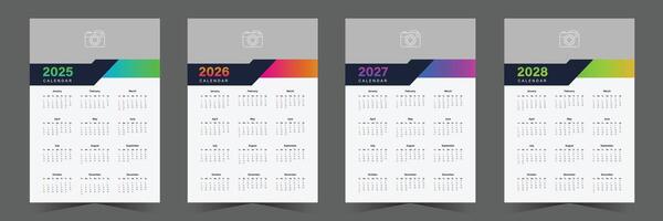 Set of one page wall calendar design for 2025, 2026, 2027, 2028 with gradient shape vector
