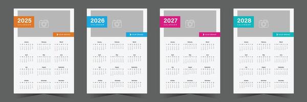 Set of one page wall calendar design for 2025, 2026, 2027, 2028 with minimalist style vector