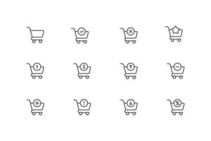Shopping cart line icon set isolated. Search, delivery, minus, add, confirmation, percent, promotion, retail, online shopping. vector