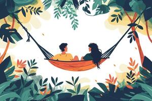Couple relaxing in a hammock surrounded by lush foliage and colorful leaves, enjoying a peaceful moment. Flat illustration vector