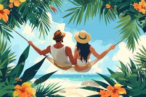 Couple relaxing in a hammock in a tropical garden with vibrant green leaves and serene surroundings. Flat illustration vector