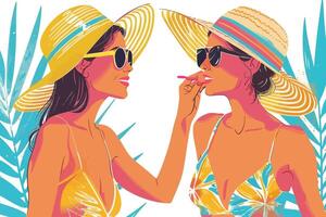 Two women enjoying a tropical day in sun hats, chatting and applying lip balm, with a vibrant backdrop of tropical leaves. Flat illustration vector
