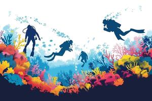 Scuba divers exploring a vibrant coral reef, flat illustration vector