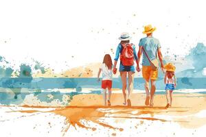 A family walking on the beach, depicted with a splash art style, enjoying a sunny day by the ocean. Fla illustration. vector