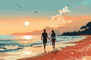 A couple holding hands while walking on a beach during sunset, with the sun setting over the horizon and birds flying in the sky. Flat illustration. vector