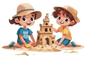 Two children happily building a large sandcastle on the beach, enjoying a playful day in the sun. Flat illustration. vector
