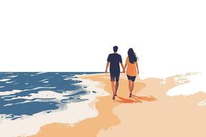 A couple walking hand in hand along the beach, with gentle ocean waves lapping at the shore. Flat illustration. vector
