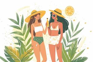 Two women enjoying a tropical summer day with lush green foliage and vibrant sunshine. Flat illustration vector