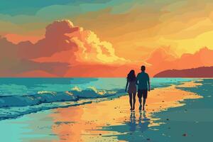 A couple walking on the beach at sunset, with a vibrant and colorful sky reflecting on the water. Flat illustration. vector