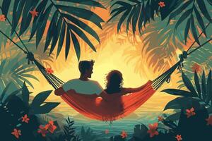 Couple relaxing in a hammock at sunset, surrounded by lush tropical foliage and warm golden light. Flat illustration vector