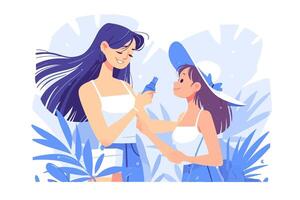 Mother applying sunscreen to her daughter, flat illustration vector