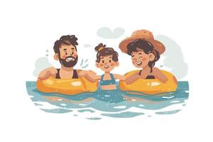 Family enjoying a day in the water with smiles and joy, floating on inflatable tubes. Flat illustration vector