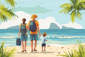 A family standing on the beach, enjoying a tropical vacation with a view of the ocean and palm trees. Flat illustration. vector