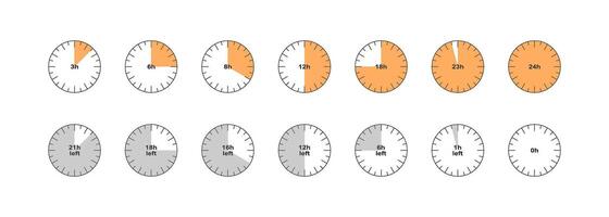 Clock ours to go icon set. 12 hours left, countdown limited time, clock arrow, timer, for sale, fast delivery, human resources symbols. Flat illustration. vector