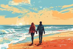 A couple walking on the beach at sunset, enjoying the serene atmosphere with a beautiful view of the sun setting over the ocean. Flat illustration. vector