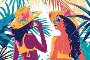 Two women in summer hats enjoying tropical surroundings with lush green foliage and sunny weather. Flat illustration vector