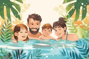 A family enjoying a swim in a tropical pool surrounded by lush foliage, with smiles and laughter. Flat illustration. vector