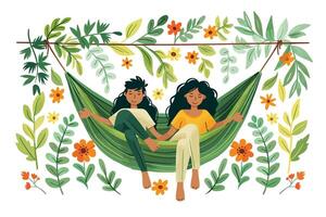 Two people relaxing in a hammock surrounded by green leaves and colorful flowers, enjoying a peaceful moment. Flat illustration vector