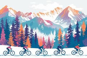 Cyclists riding through a snowy mountain landscape with pine trees and majestic peaks in the background. Flat illustration vector