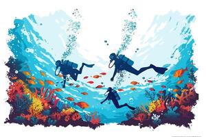 Scuba divers exploring coral reef, flat illustration isolated. vector