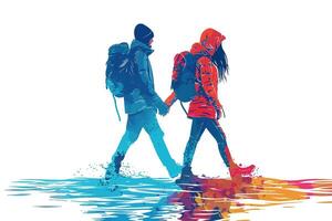 A couple holding hands and walking in the rain, dressed in colorful raincoats and backpacks, enjoying a rainy day. Flat illustration. vector