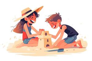 Two children happily building a sandcastle on the beach, enjoying a sunny day with a playful atmosphere. Flat illustration. vector