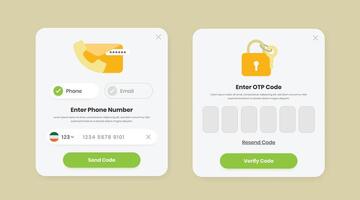 Secure login phone and email OTP verification popup ui element kit design with illustration vector