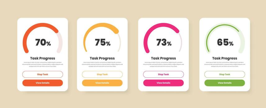 Task progress or circular status graph, app and web ui element design with button vector