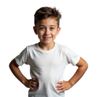 A young boy in a white t-shirt stands with his hands on his hips, smiling at the camera png