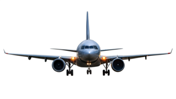 Commercial airplane in flight, viewed from the front, ready for takeoff png